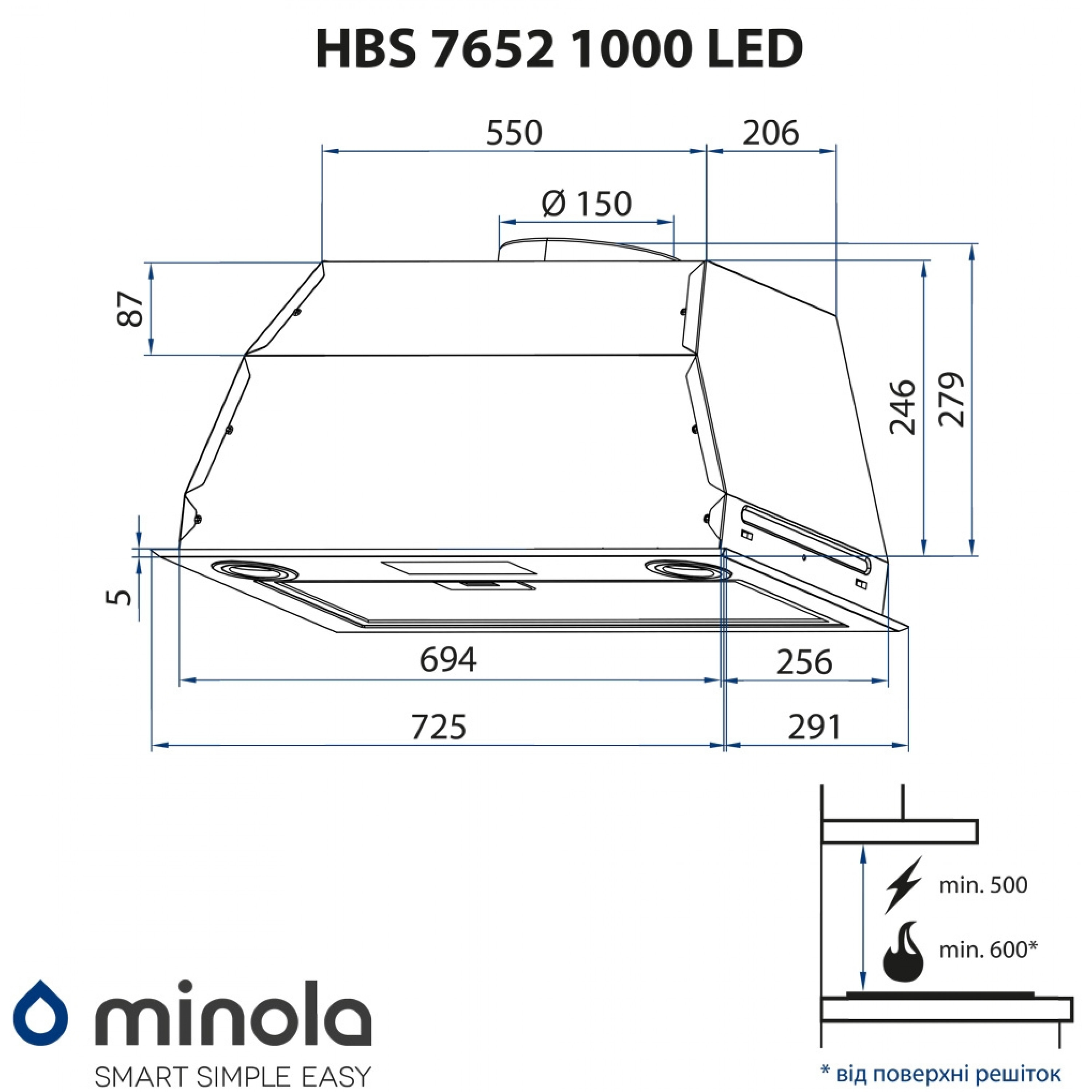 Витяжка повновбудована Minola HBS 7652 BL 1000 LED - зображення 11