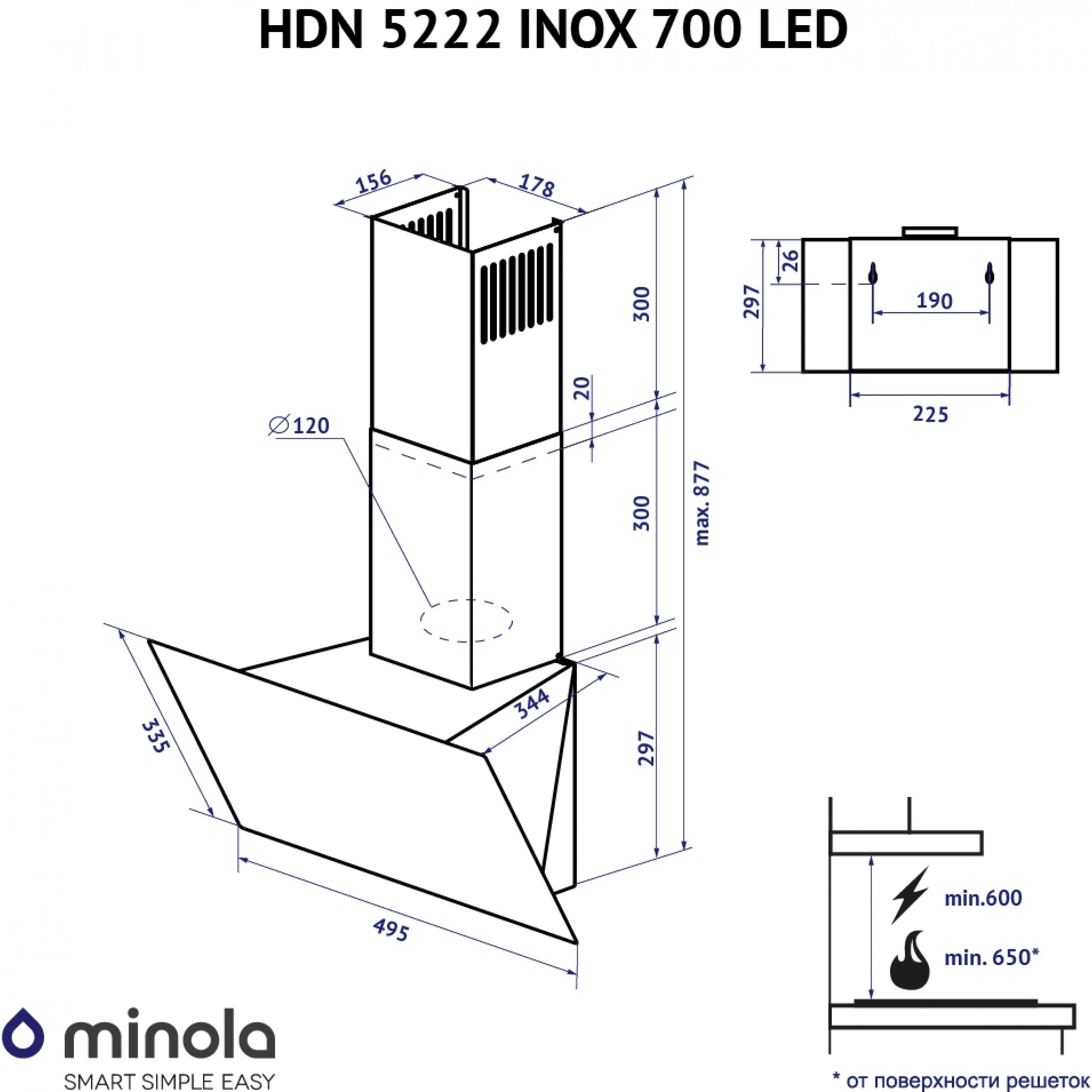 Вытяжка декоративная наклонная Minola HDN 5222 WH/INOX 700 LED - зображення 12