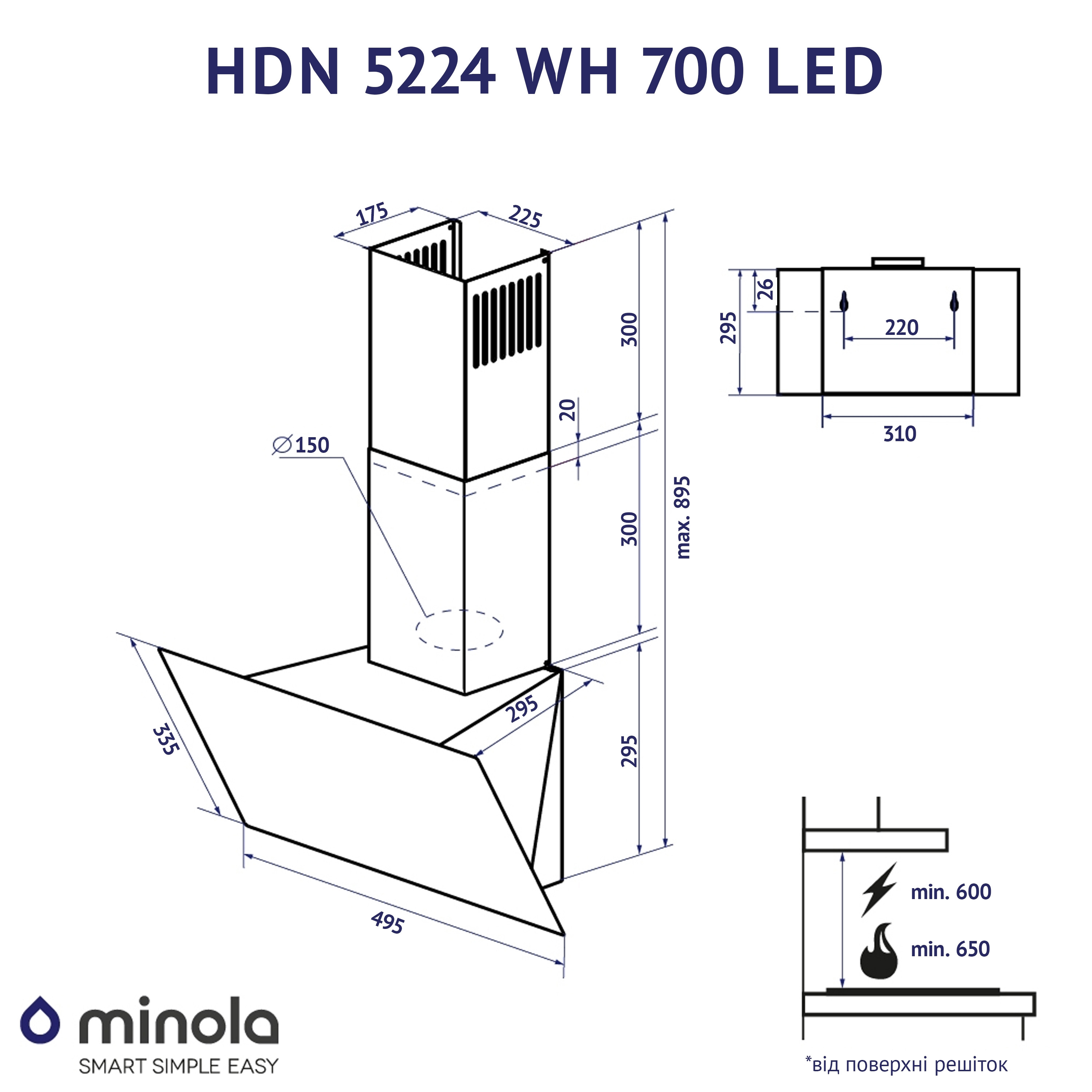 Вытяжка декоративная наклонная Minola HDN 5224 WH 700 LED - зображення 11