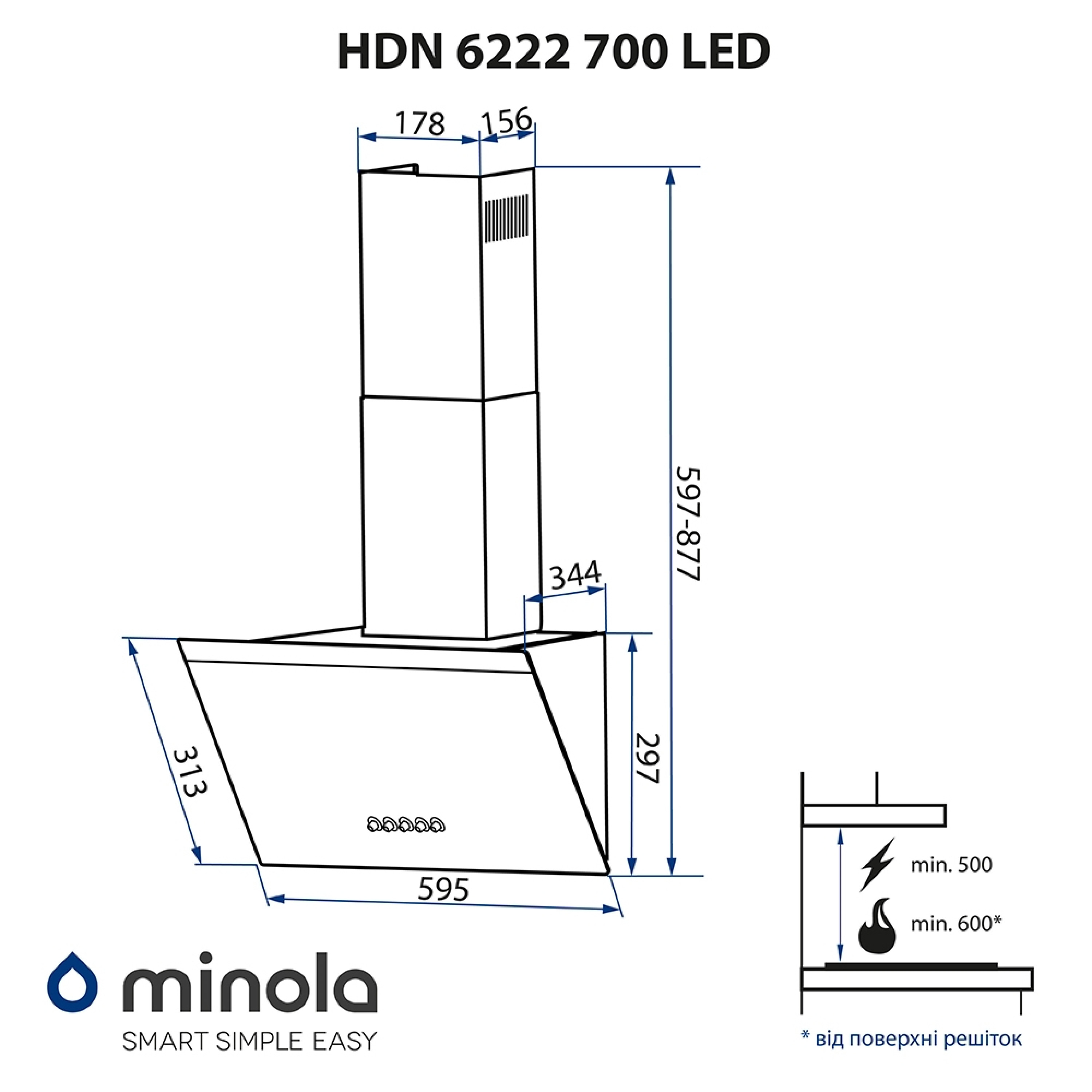 Витяжка декоративна похила Minola HDN 6222 WH/INOX 700 LED - зображення 13