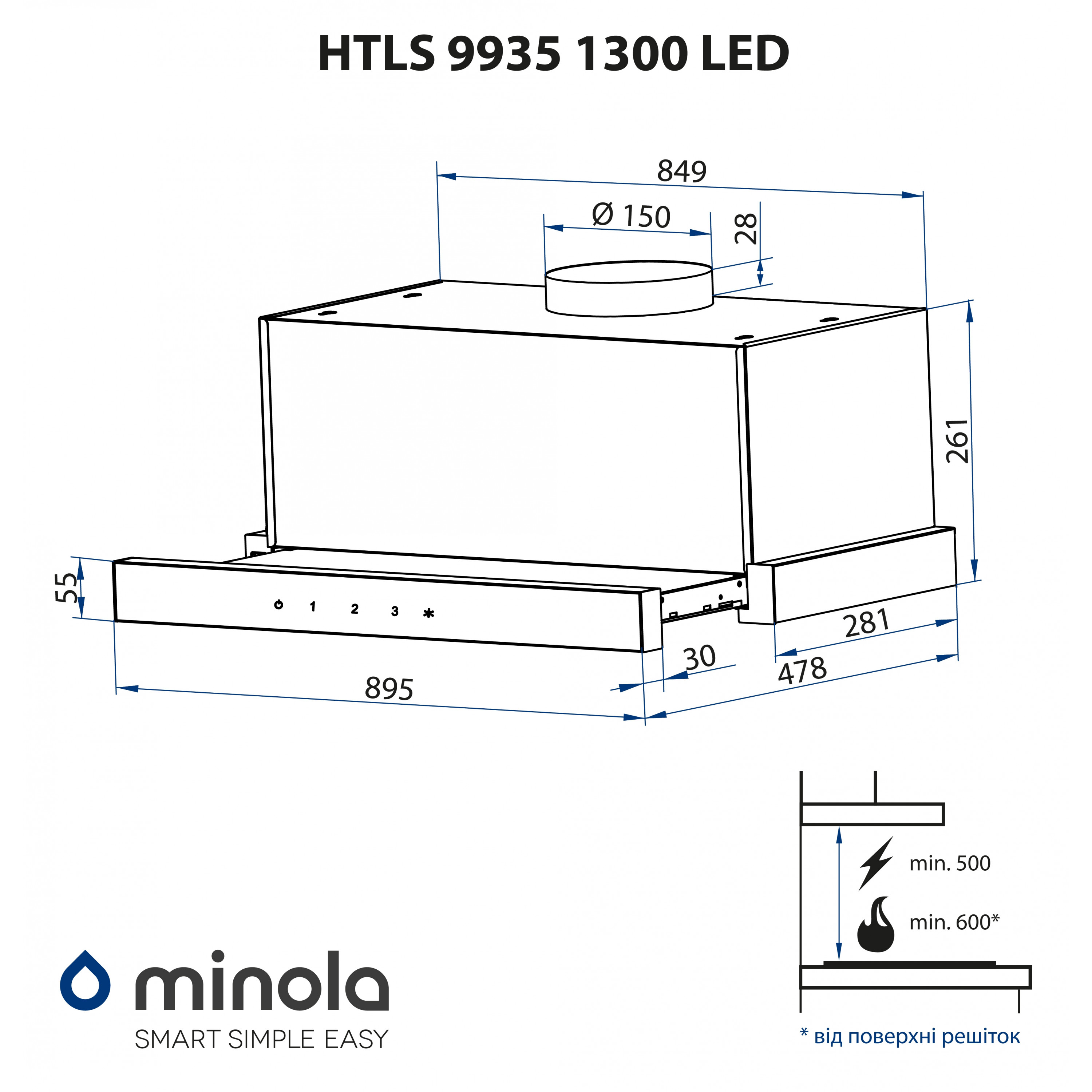 Вытяжка телескопическая Minola HTLS 9935 BL 1300 LED - зображення 15