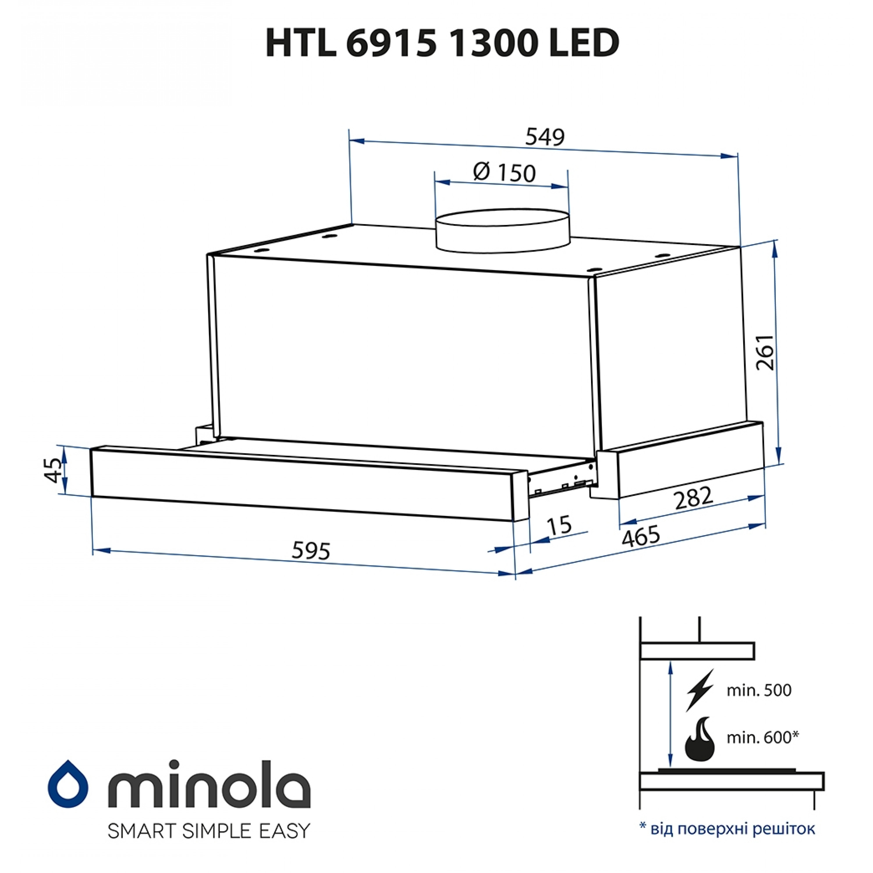 Витяжка телескопічна Minola HTL 6915 I 1300 LED - зображення 10