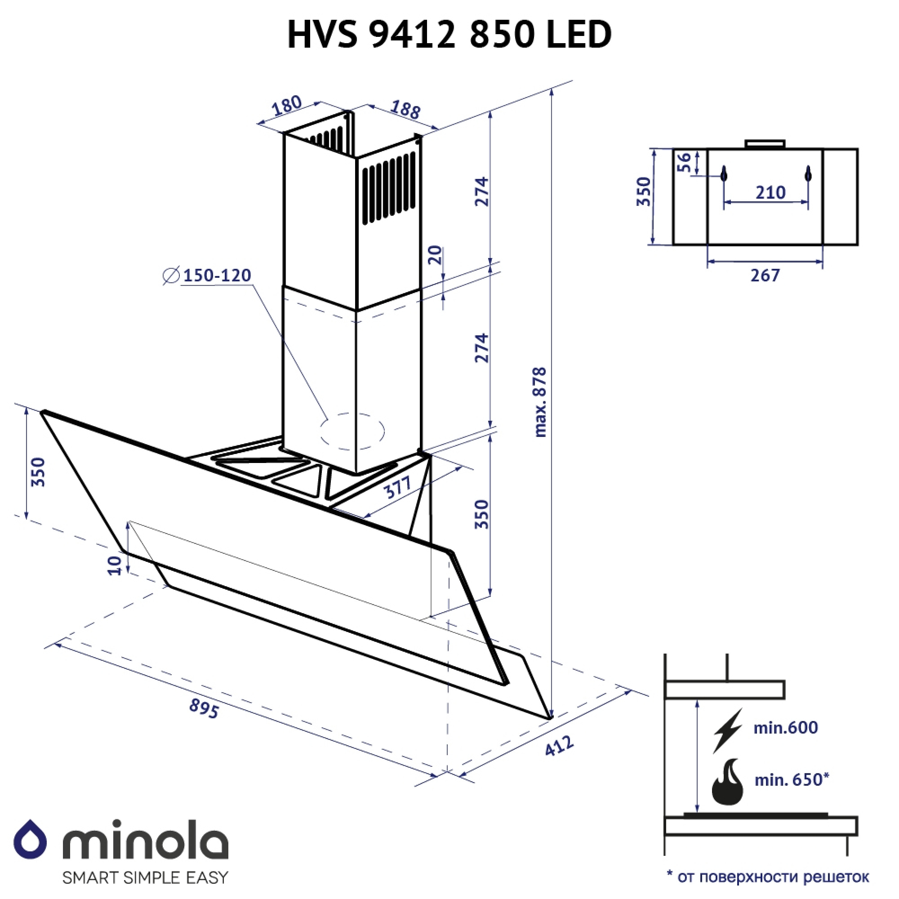 Витяжка декоративна похила Minola HVS 9412 BL 850 LED - зображення 17