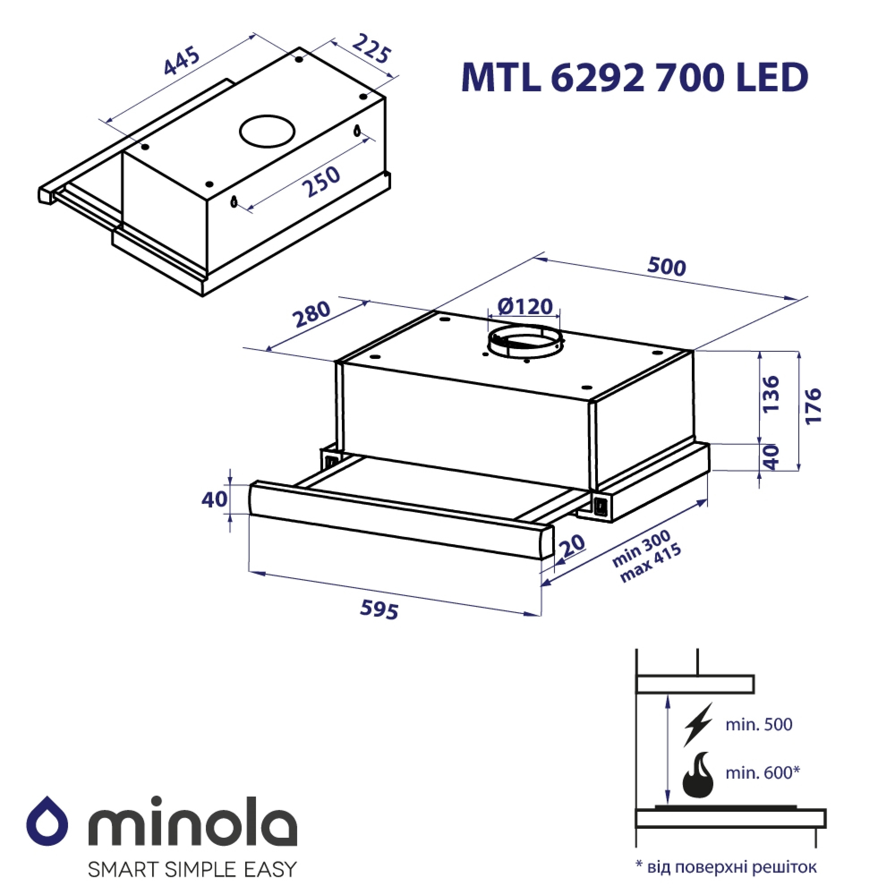Витяжка телескопічна Minola MTL 6292 BL 700 LED - зображення 13