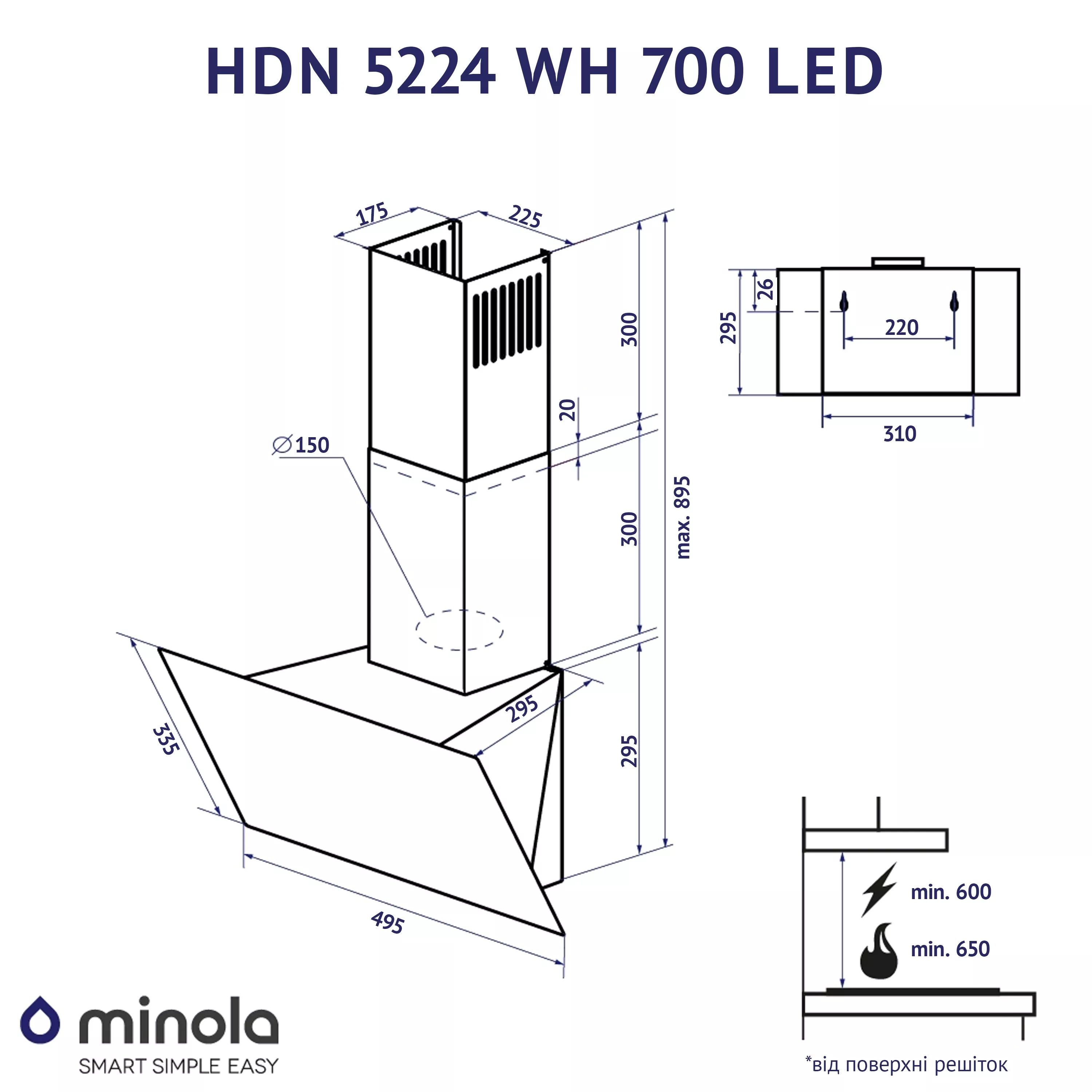 Витяжка декоративна похила Minola HDN 5224 WH 700 LED - зображення 11