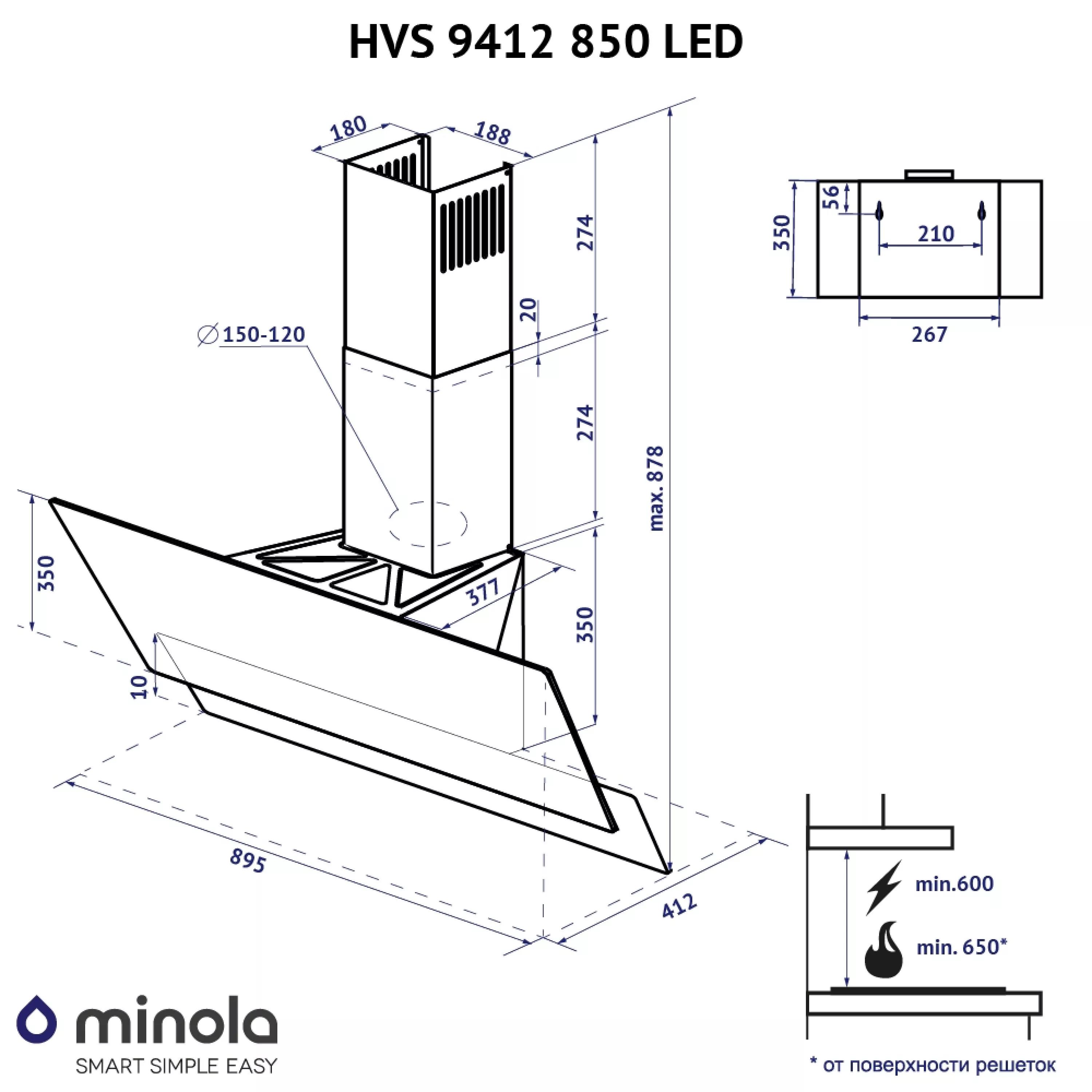 Витяжка декоративна похила Minola HVS 9412 BL 850 LED - зображення 17