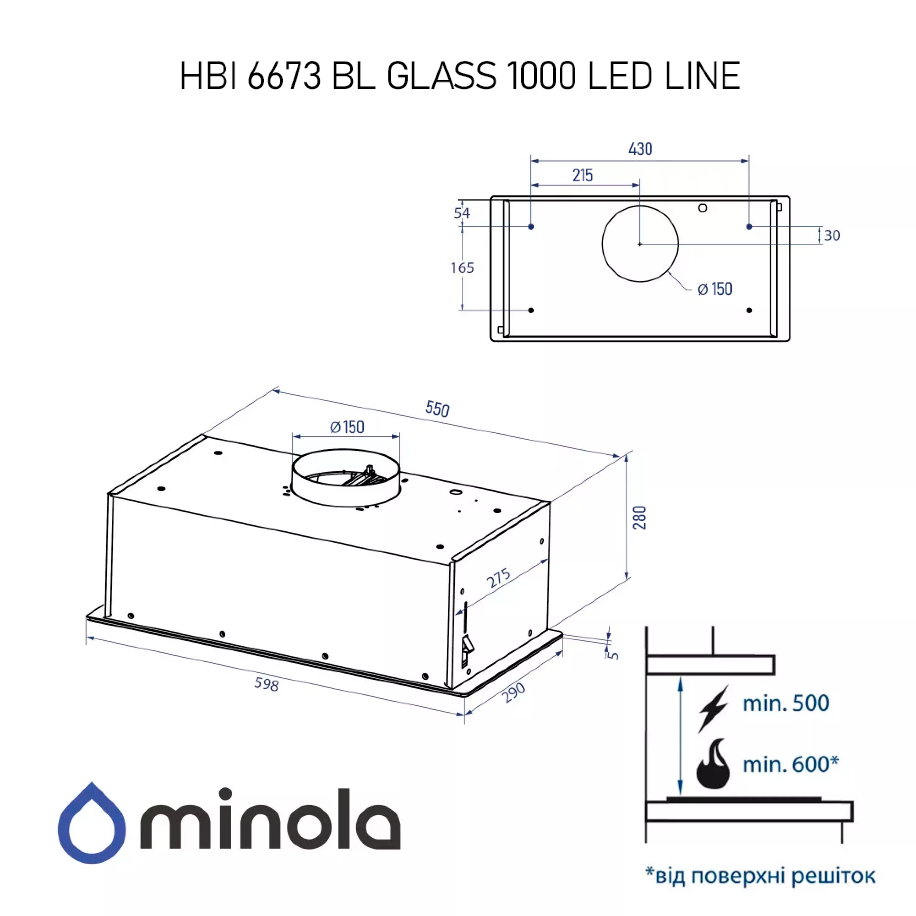 Витяжка повновбудована Minola HBI 6673 BL GLASS 1000 LED Line