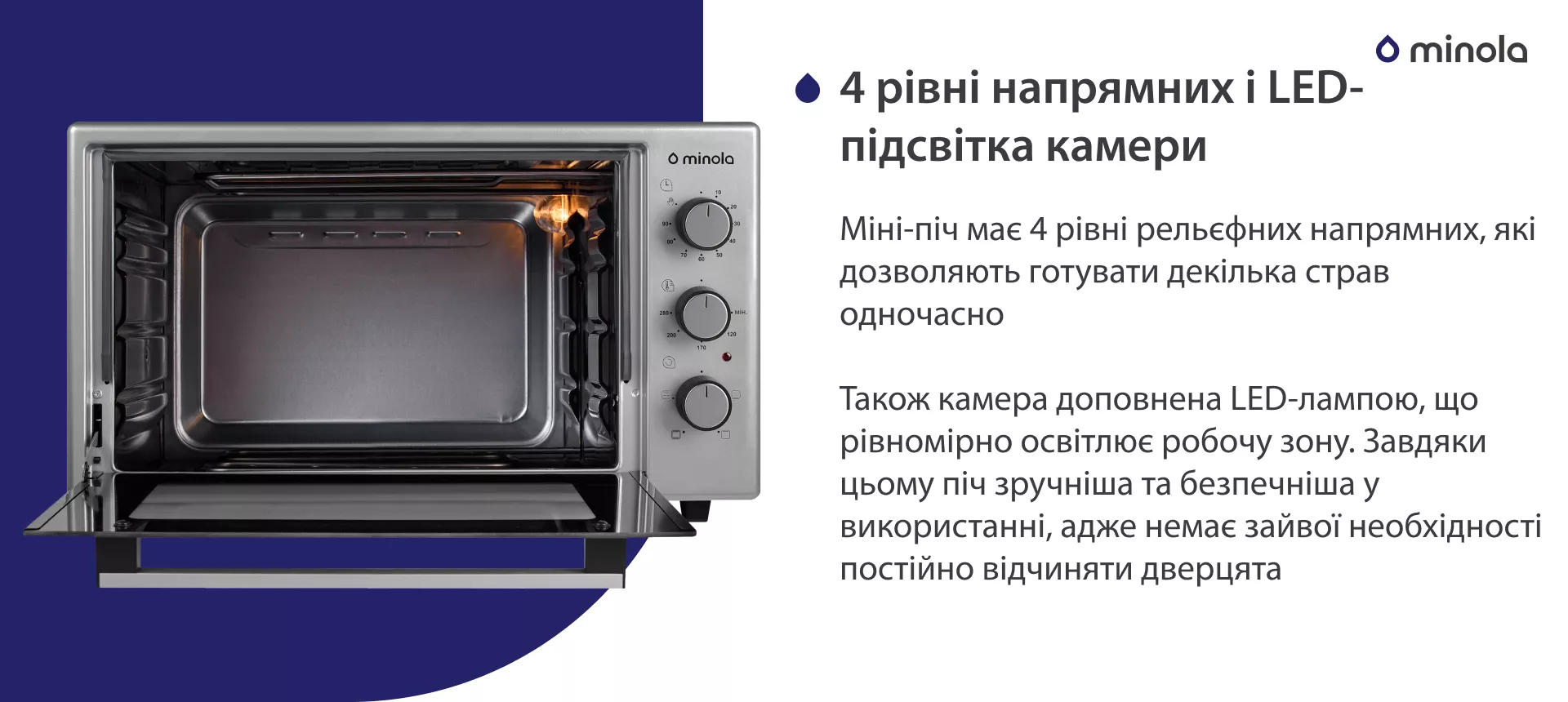 4 уровня направляющих и LED-подсветка камеры Міні-піч має 4 рівні рельєфних напрямних, які дозволяють готувати декілька страв одночасно. Також камера доповнена LED-лампою, що рівномірно освітлює робочу зону. Завдяки цьому піч більш зручна та безпечна у використанні, адже немає зайвої необхідності постійно відчиняти дверцята