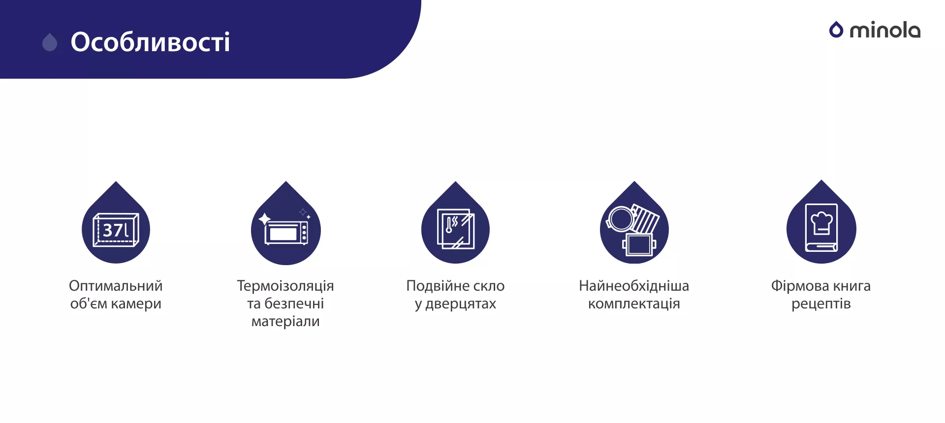 Особенности Оптимальний об'єм камери. Термоізоляція та безпечні матеріали. Подвійне скло у дверцятах. Найнеобхідніша комплектація. Фірмова книга рецептів