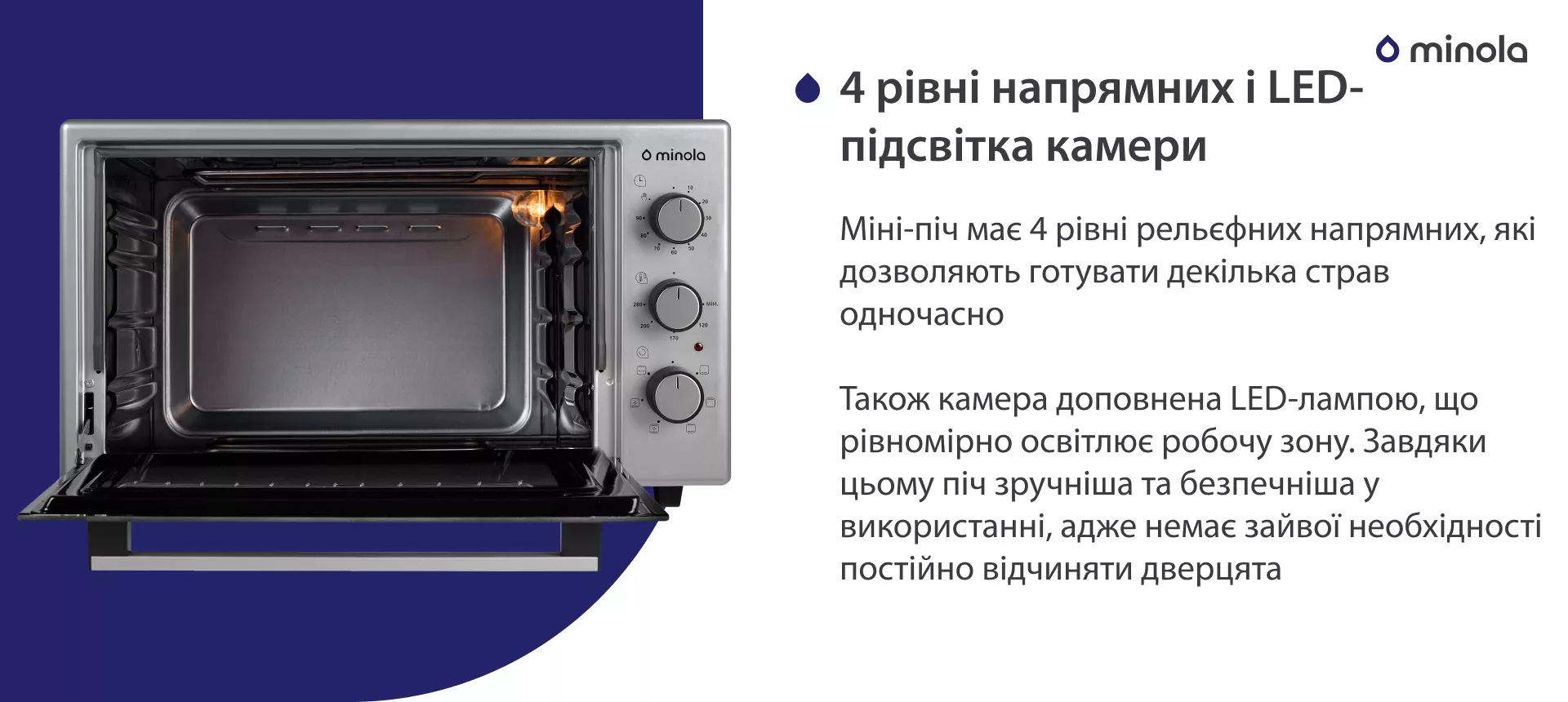 4 уровня направляющих и LED-подсветка камеры Міні-піч має 4 рівні рельєфних напрямних, які дозволяють готувати декілька страв одночасно. Також камера доповнена LED-лампою, що рівномірно освітлює робочу зону. Завдяки цьому піч більш зручна та безпечна у використанні, адже немає зайвої необхідності постійно відчиняти дверцята