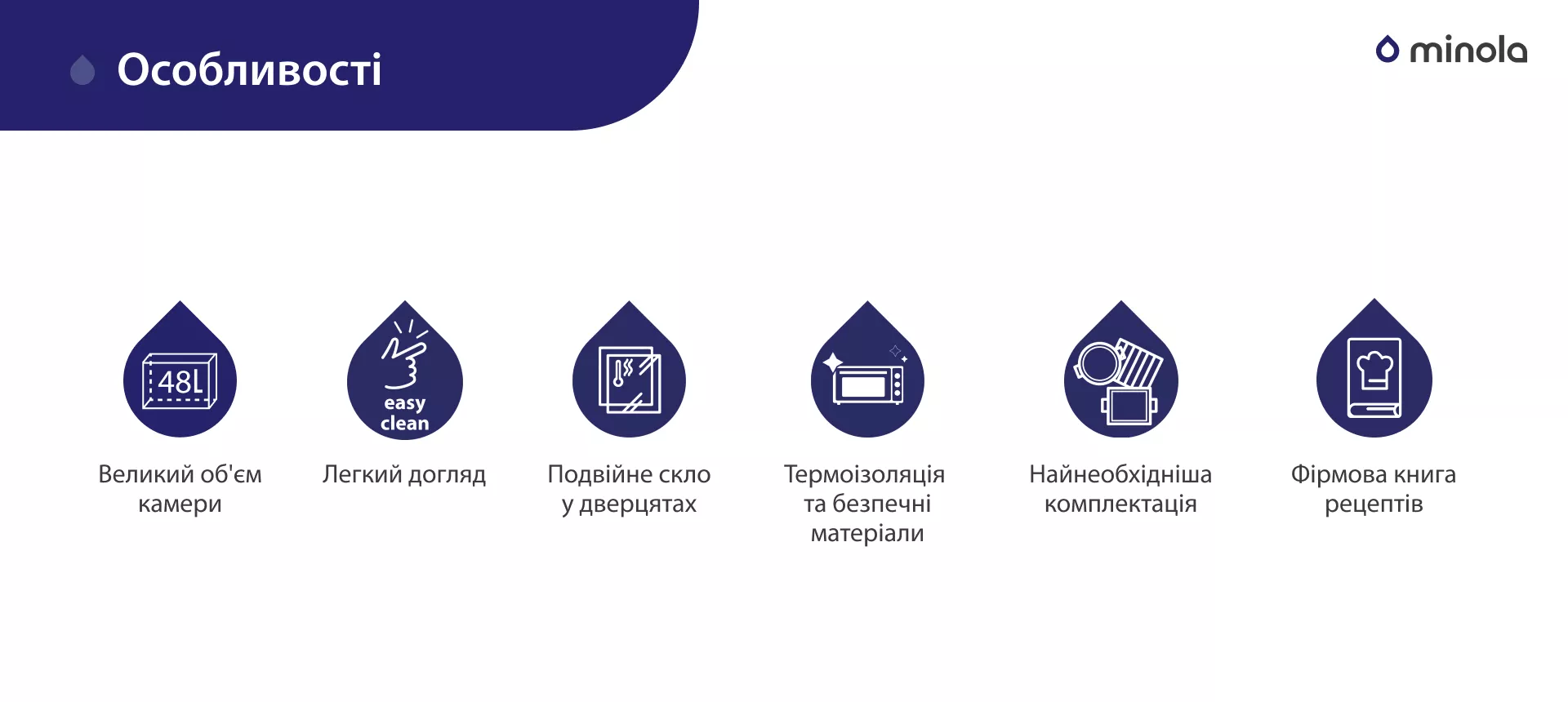 Особенности Великий об'єм камери. Легкий догляд. Подвійне скло у дверцятах. Термоізоляція та безпечні матеріали. Найнеобхідніша комплектація. Фірмова книга рецептів