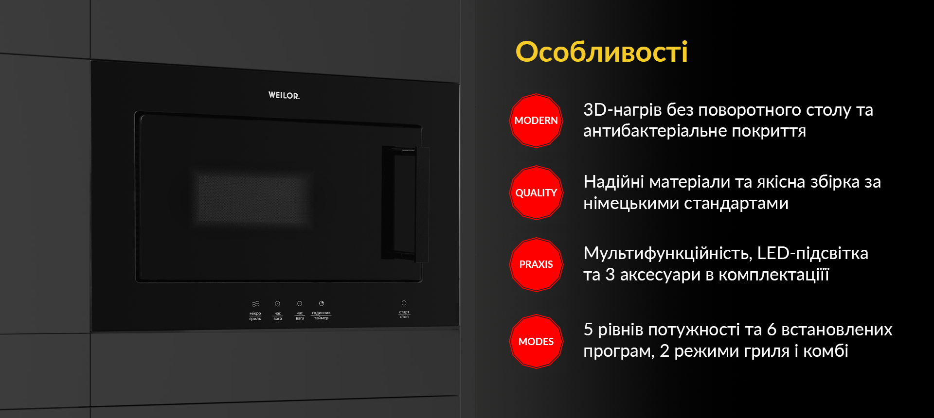 3D-нагрів без поворотного столу та антибактеріальне покриття. Надійні матеріали та якісна збірка за німецькими стандартами. Мультифункційність, LED-підсвітка та 3 аксесуари в комплектації. 5 рівнів потужності та 6 встановлених програм, 2 режими грилю і комбі